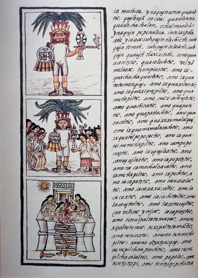 Festival of Toxcatl og hans offer, Bog II af Florentine Codex, Tosproget version på spansk og Nahuatl, General History of Things of New Spain (Historia general de las cosas de Nueva Espana), Aztec civilisation af Benjamin Baud