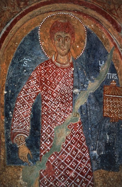 Helgenfigur, fresko i St Nicholas Kapel (11.-15. århundrede), Mottola, Puglia, Italien af Benjamin Baud