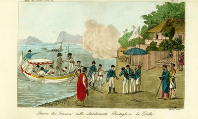 Første ankomst til den portugisiske bosættelse ved Dille, Timor, nu Dili, Østtimor af Unbekannt