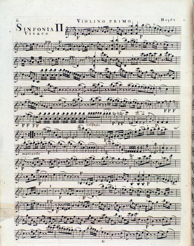 Første side af partitur for violin i symfoni nr. 2 af J Haydn af Unbekannter Künstler