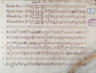 Første side af partituret for fire celloer af Symphony n. 7 da A-dur, op. 92, af Ludwig van Beethoven af Unbekannter Künstler