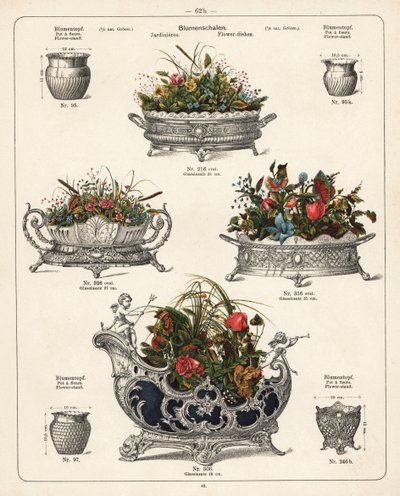Blomsterstativer, blomsterfade, vaser og jardinieres. Litografi fra et katalog over metalprodukter fremstillet af Wuerttemberg Metalware Factory, Geislingen, Tyskland. af Unbekannter Künstler