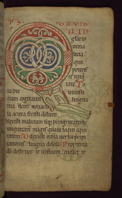 Folio 64 fra Claricia Psalter: Claricia Swinging on Initial Q, slutningen af det 12. - begyndelsen af det 13. århundrede af Unbekannt
