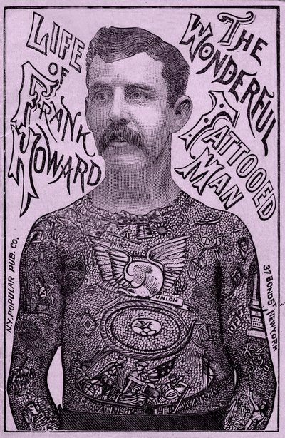 Frank Howard den vidunderlige tatoverede mand, ca. 1900 (farve litho) af Unbekannt