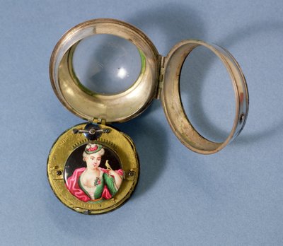 Fransk lommeur med beslag med et emaljeportræt af en pige og en kanariefugl, indesluttet i en sølvkasse, af J.Jacque Andre Bosset, ca. 1700 af Unbekannt