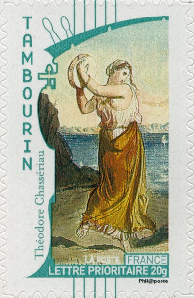 Fransk frimærke, der viser en sigøjnerkvinde, der spiller tamburin, fra et maleri af den franske kunstner Théodore Chassériau - af Unbekannt
