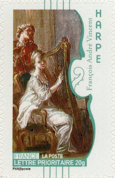 Fransk frimærke, der viser en kvinde, der spiller på harpe, fra et maleri af den franske kunstner François-André Vincent - af Unbekannt