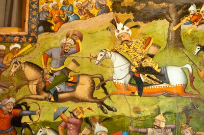 Fresco; Shah Ismail på en hvid hest i slaget ved Taher Abad; 1510; mod usbekerne i Merv; Chehel Sotoun; Fyrre Søjler Palace; Isfahan; Iran; Asien af Unbekannt