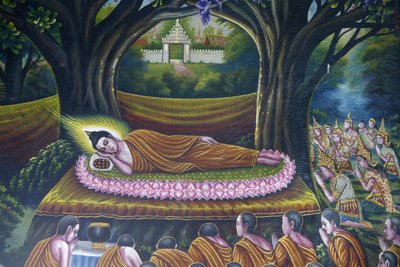 Fresko, der viser Buddhas indtræden i nirvana i Wat Chiang Mun, Chiang Mai. Buddhas indtræden i parinirvana. Thailand af Unbekannt