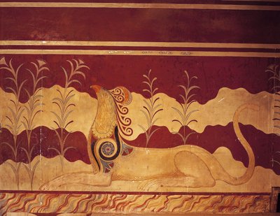 Fresco on a wall, Throne Hall, Palace Of Minos, Knossos, Kreta, Grækenland af Benjamin Baud