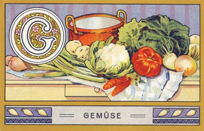 G: Grøntsag - Alfabet Palmine. Serie af kromolitografier redigeret af H. Schlinck & Cie, Hamburg, s. d. . Annonce for Palmins fineste kokosfedt. Mål: 7 x 11 cm af William M. Timlin