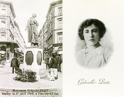 Gabrielle Petit og monumentet rejst til hendes ære i Bruxelles, mindekort, ca. 1925 (litho) af Unbekannter Künstler