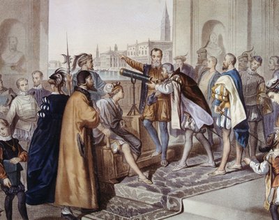 Galileo Galilei demonstrerer sin opfindelse teleskopet (farve litho) af Unbekannter Künstler