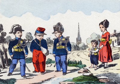 Gendarmer. Indgravering i "Børns militæralfabet"". Billedsprog af Pont-a-Mousson, ca. 1890. 20 sider. Sol: 28,5x21 cm af Unbekannt