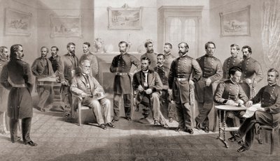 General Ulysses S. Grant (siddende i midten til højre) og general Robert E. Lee (siddende i midten til venstre) med deres respektive stab ved Appomattox Courthouse, Virginia, hvor general Lee overgav Army of North Virginia og dermed afsluttede den amerikan af Unbekannt