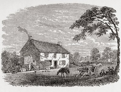 George Stephensons fødested. George Stephensons stenhus fra det 18. århundrede i Wylam, Northumberland, England, som her ses i det 19. århundrede. Fra Great Engineers, udgivet ca. 1890 (s/h-gravering). af Unbekannter Künstler