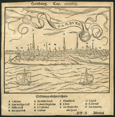 Tyskland, Hamborg, udsigt til byen, i forgrunden floden Elben, illustration fra Cosmographia af Sebastian Münster (Munster), ca. 1570 (stik) af Unbekannter Künstler