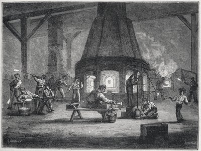 Glasfremstilling i anden halvdel af 1800-tallet: børn arbejder, ca. 1880 (kobberstik) af Unbekannter Künstler