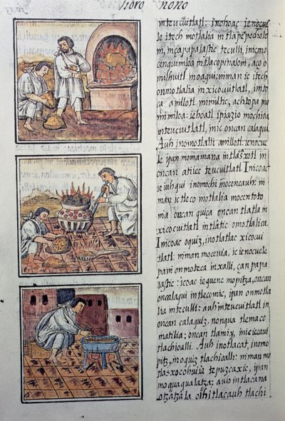 Guldproduktion af spanierne, side fra den florentinske Codex, tosproget version på spansk og Nahuatl, General History of the Things of New Spain, af den spanske missionær Fray Bernardino de Sahagun. Aztekisk civilisation af William M. Timlin