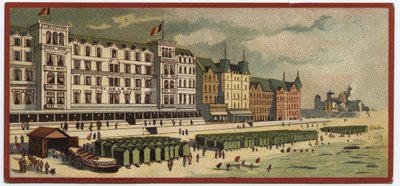 Store hoteller: udvendig udsigt af Hotel de la Plage i Oostende, Belgien - Kort over en serie, der præsenterer hotellerne i "Compagnie Internationale des Grands Hotels", slutningen af det 19.-begyndelsen af det 20. århundrede af William M. Timlin