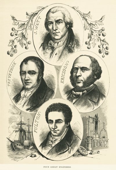 Store ingeniører og opfindere: James Watt, John Ericsson, Robert Fulton, Richard Trevithick, ca. 1880 (s/h-foto) af Unbekannt