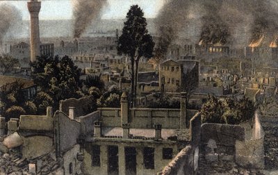 Grækenland, Saloniki (eller Thessaloniki): udsigt over den øvre by delvis brændt, sandsynligvis under branden i 1917 - Postkort 1914-1918 af Unbekannter Künstler