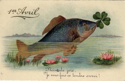 Lykønskningskort til 1. april: fisk med en fire-blads trefle - Postkort slutningen af det 19.-20. århundrede af William M. Timlin