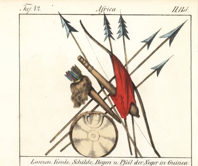 Guinee Conakry våben, spyd, køller, bue og pile i deres kogger, skjold. Litografi til bogen: "Galerie complete en tableaux fideles des peuples d