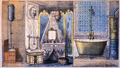 Habitat management: toilet, badeværelse og bad, ca. 1870 (stik) af Unbekannter Künstler