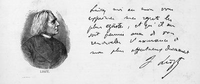 Håndskrift og underskrift af Franz Liszt (pen og blæk på papir) af Unbekannt