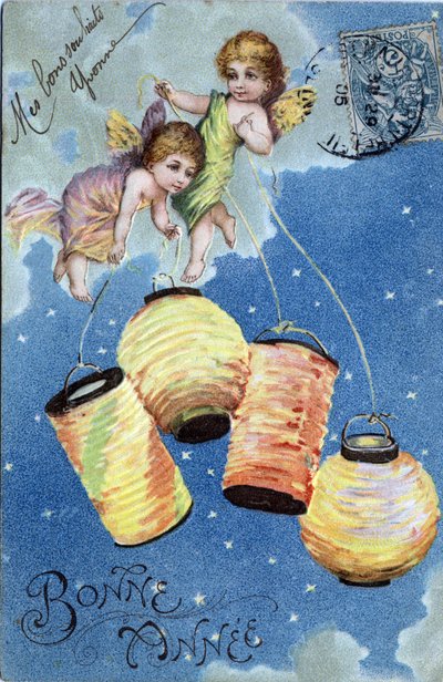 Godt nytårskort: To engle med lanterner - postkort dateret 1905 af Unbekannt