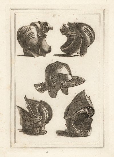 Hjelm af John de Courcy, Earl of Ulster 1,2, Oliver Cromwells hovedstykke 3, vippehjelm 4,5 af Unbekannt