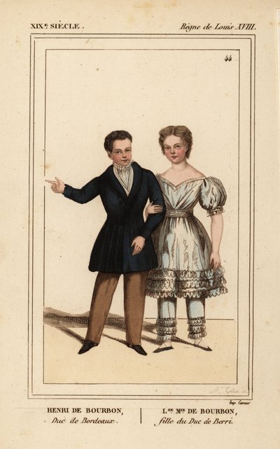 Henry, greve af Chambord, hertug af Bordeaux 1820-1883 og Louise Marie Therese af Artois, datter af hertugen af Berry 1819-1870. Håndkoloreret litografi af Madame Calon fra Le Bibliophile Jacob aka Paul Lacroix