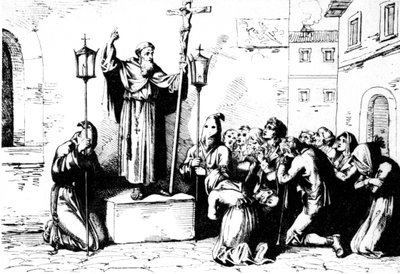 Det gamle Roms historie. En munk prædiker for folket på en plads i Rom. Bartolomeo Pinelli gravering XIX århundrede af Unbekannt