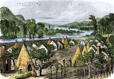 Oprindelige folks historie: Mohawk Village, New York, omkring 1780. Farverigt kobberstik fra det 19. århundrede. af Unbekannter Künstler