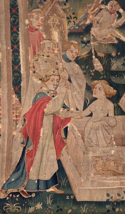 Historien om Saint Piat og Saint Eleuthère, også kaldet gobelinen fra Arras. Bestilt af kannik Toussaint Prier, kapellan hos hertugen af Burgund, slutningen af det 14. og begyndelsen af det 15. århundrede. 22 m x 2 m. Detalje (gobelin) af Unbekannter Künstler