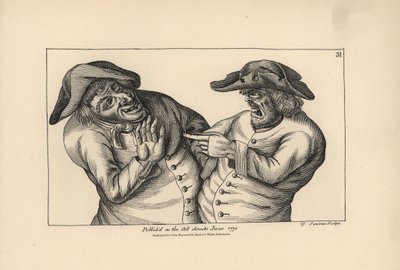 Hodge og Roaf beskylder hinanden for at efterlade en potte med pis i stedet for en kande med øl. Kobberstik af Thomas Sanders efter en satirisk illustration af Timothy Bobbin (John Collier) (1708-1786) fra Human Passions Delineated, John Haywood, Mancheste af Unbekannter Künstler