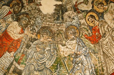 Holy Virgin og Saint John Kame koptiske kloster: 9th c. fresco : Bebudelsen. Maria er omgivet af profeterne Moses, Esajas, Ezekiel og Daniel. Egypten af Unbekannt