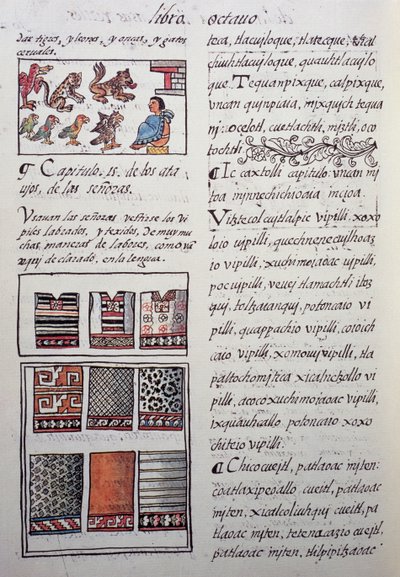 Huipil, kvindelig beklædningsgenstand båret af adelen med broderede bluser, bog VIII af Florentine Codex, General History of Things of New Spain, af den spanske missionær Fray Bernardino de Sahagun. Aztekisk civilisation af William M. Timlin
