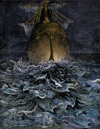 Jeg så havet i forrådnelse, skroget af et skib på havet om natten - Illustration af Gustave Dore (1832-1883) til "La Lournte du vieux sailor" af Samuel Taylor Coleridge (1772-1834) - Koloreret stik af Unbekannter Künstler