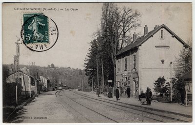 Ile de France, Essonne (91), Chamarande: udsigt over togstationen - Postkort dateret 1908 af William M. Timlin