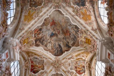 Interiørfotografi af loftfresker, loftmaleri, klosterbasilika, klosterkirke, augustinerkanonernes kloster, Neustift kloster, også kloster, Vahrn nær Brixen, Bressanone, Sydtyrol, Italien, Europa (foto) af Unbekannter Künstler