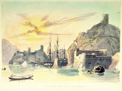 Interiørbillede af havnen i Muscat (Oman) med beskrivelse af befæstede bygninger og fortøjede skibe. Oberstløjtnant Paint Charles Hamilton Smith (1776-1859) af Unbekannter Künstler