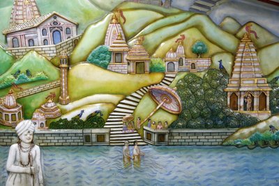 Jalaram Pratna Hindu Temple, Leicester. Arthawork deponerer Jalarambapas liv. Det Forenede Kongerige af Unbekannt