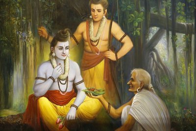 Jalaram Prathanna Hindu Temple, Leicester. Fresco. Ram Meeting Shabari Ho tilbyder mad til Ramkendra. Det Forenede Kongerige af Unbekannt