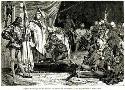 Jean de Bethencourt, normannisk herre, baron de Saint Martin le Gaillard, erobrede og kristnede De Kanariske Øer i januar 1405, fra magasinet "Sur terre et sur mer"" nr. 28, 8. januar af Unbekannter Künstler