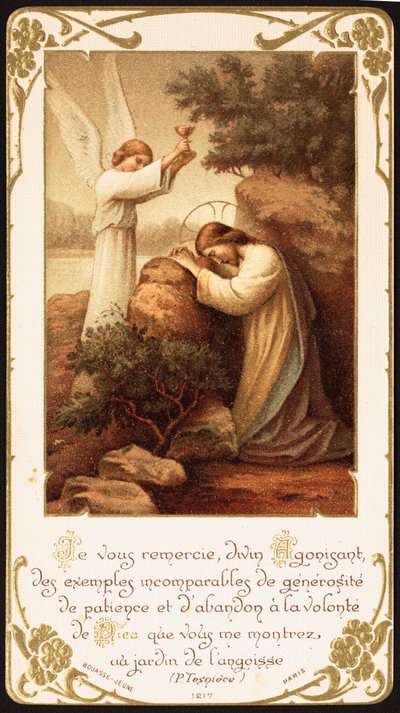 Jesus knæler i bøn i Getsemane Have, og en engel præsenterer ham en kalk. Tidligt 20. århundrede (postkort) af Unbekannter Künstler