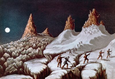 John MacGregors bestigning af Mont Blanc, Grands Mulets rute, illustration fra Narrative of ascent to Mont Blanc, 21. september af William M. Timlin