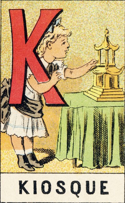 K: Kiosk - Indgravering taget fra ABCD af små piger. Pellerin & Cie, trykkeri-udgiver, Epinal, omkring 1890. Serie A. Mål: 19 x 13,5 cm. af Unbekannt