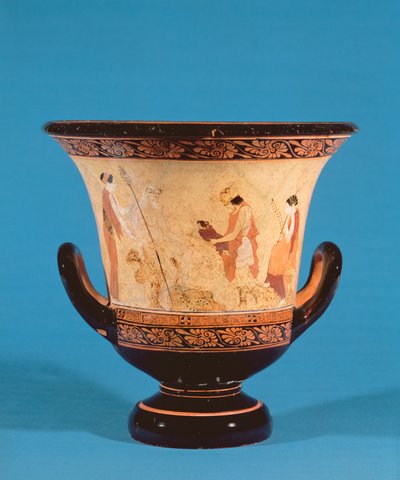 Kalyx krater, der forestiller Hermes, der leverer spædbarnet Dionysos til nymferne, etruskisk, ca. 460 f.Kr. (terracotta) af Unbekannt